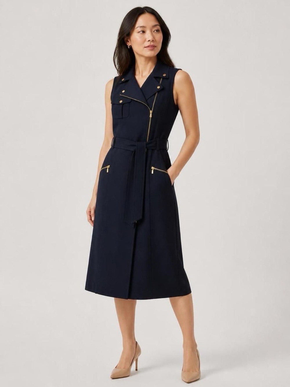 Calvin Klein Sleeveless Navy Zip-Front Midi Dress with Belt